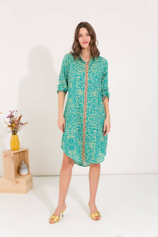 Cotton Mid-Length Shirt Dress - Aqua green multi