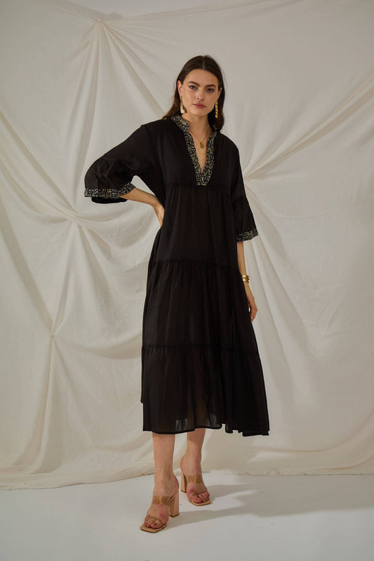 Black plain cotton long dress -  One size