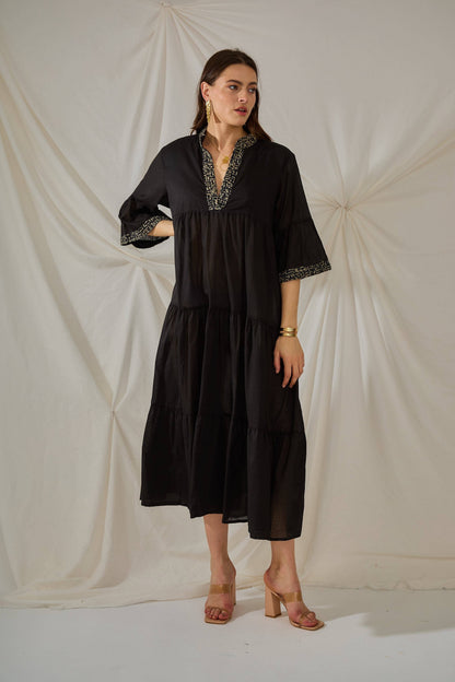 Black plain cotton long dress -  One size