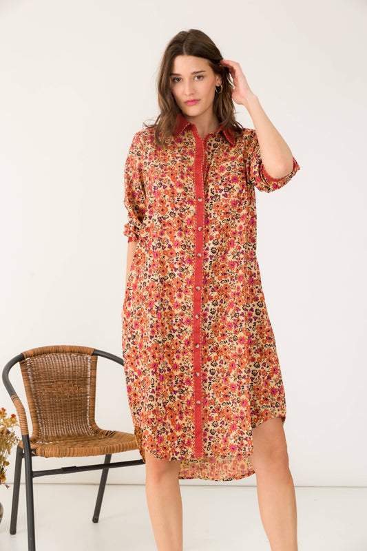 Asymmetric Cotton Shirt Dress- Terracotta multi