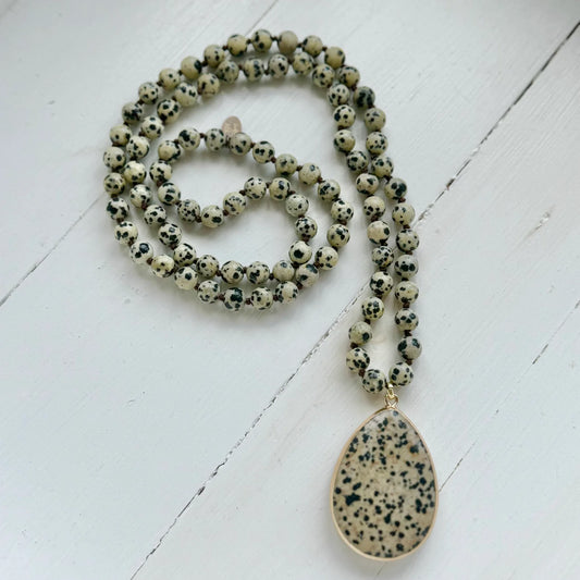 Arlo Stylish dalmation stone necklace with central large pendant stone.