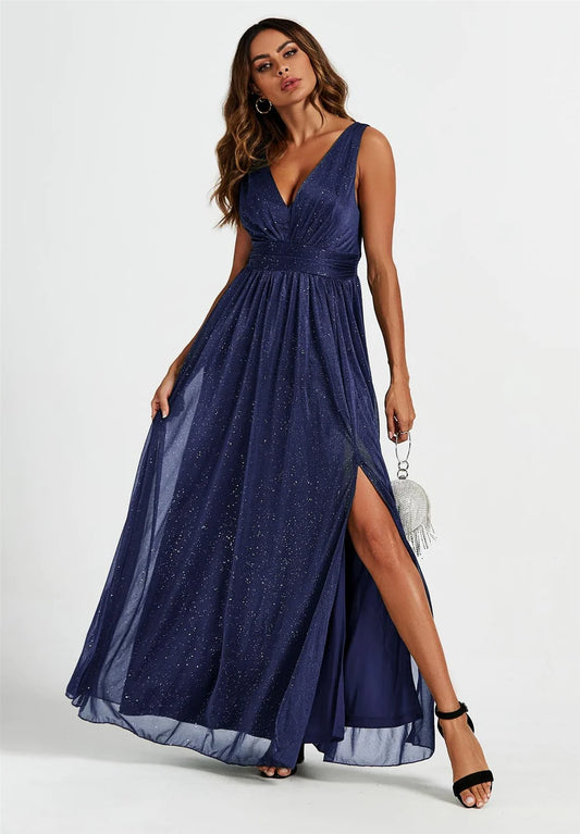 Cleo Silver sparkly Maxi Dess in Navy Blue