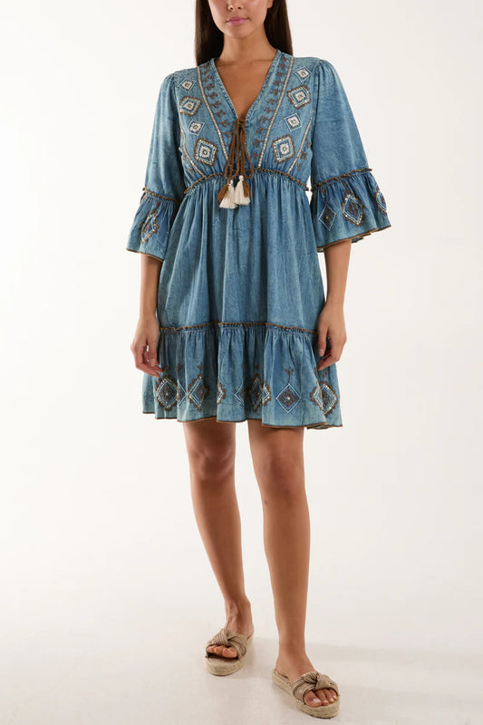Denim Embroidered Boho mini dress