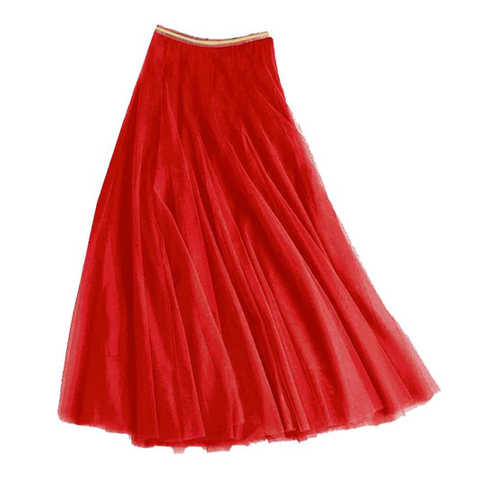 Tulle Layered Skirt in Fire Red w/Gold stripe waistband