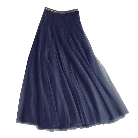 Tulle Layered Skirt in Navy Blue w/Gold stripe waistband