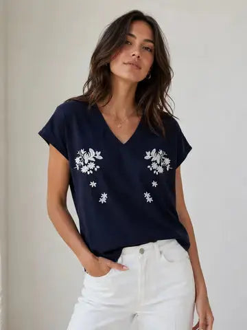 Laila Embroidered Cotton V-Neck T-Shirt - Navy Blue Choklate Paris