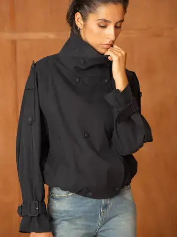 The Mayfair Short Trench-Style Jacket with a high Collar - Navy Blue Choklate Paris