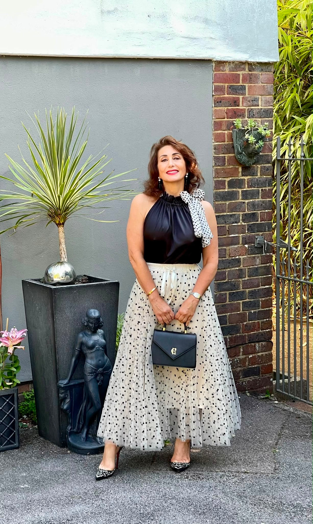 Polka Dot Tulle Skirt - Ecru/Black velvet dots