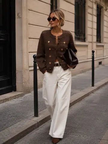 Knitted Cardigan with A Shimmering Effect and Gold Buttons – Chic Officer-Inspired Cut - Brown