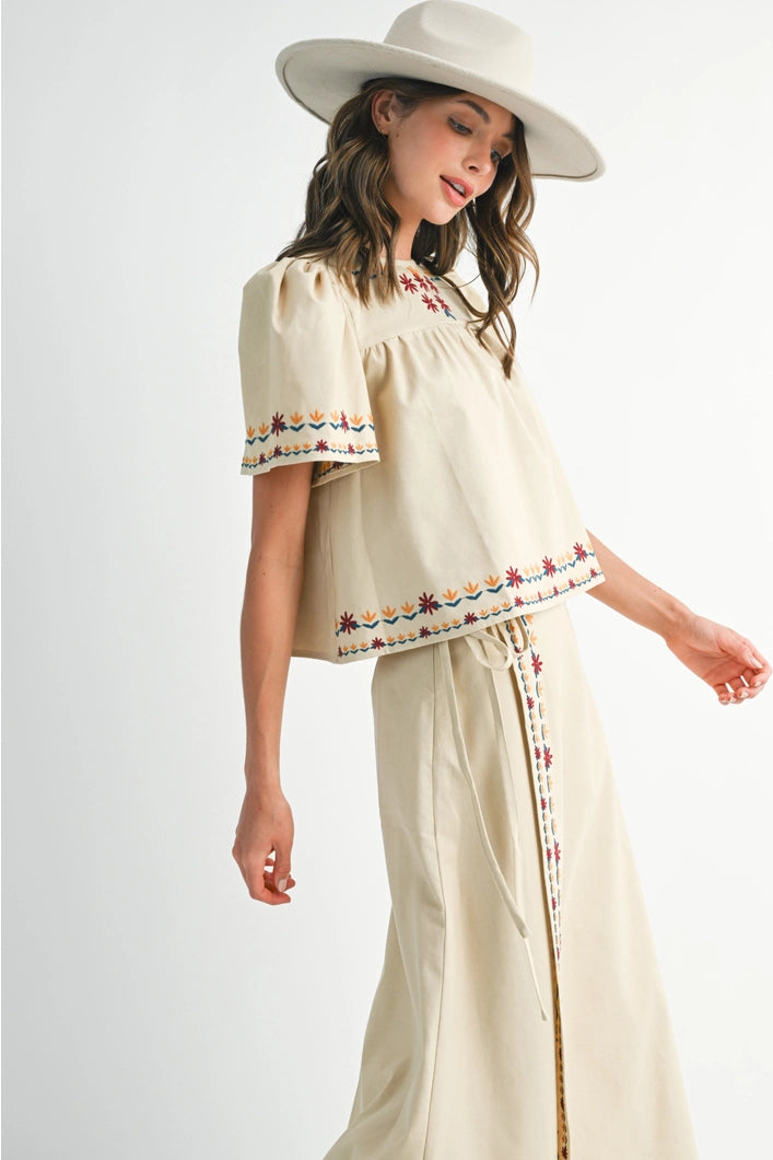 Vivienne  Embroidered Hem Wrap Maxi Skirt - Ecru