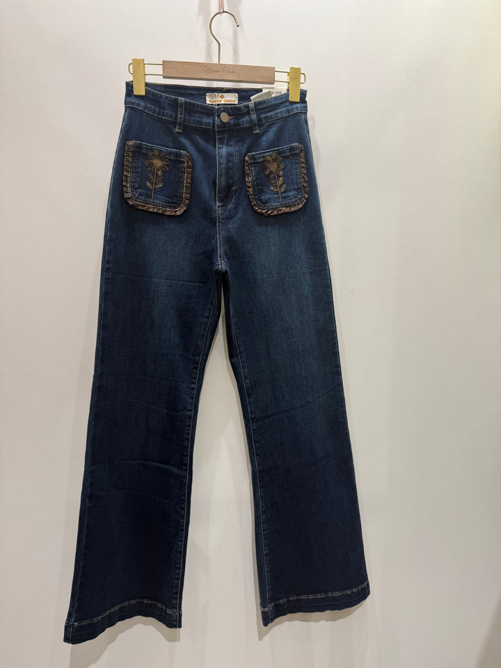 Florence Dark Wash Floral Pocket Wide Leg Jeans