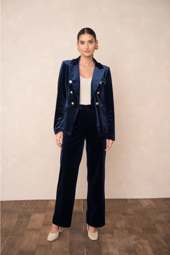 Isadora Velvet Trousers - straight leg - Navy Blue