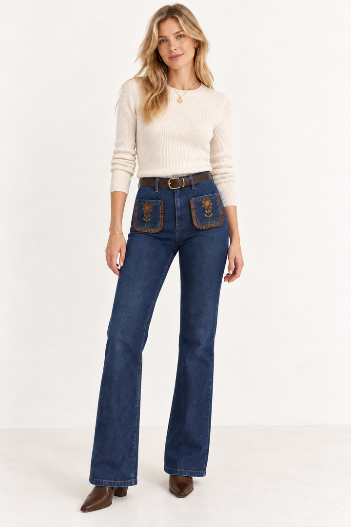 Florence Dark Wash Floral Pocket Wide Leg Jeans