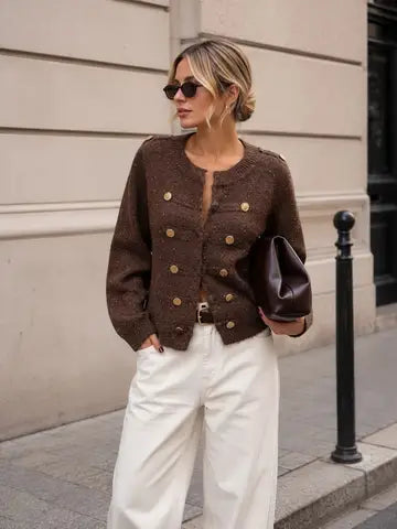 Knitted Cardigan with A Shimmering Effect and Gold Buttons – Chic Officer-Inspired Cut - Brown