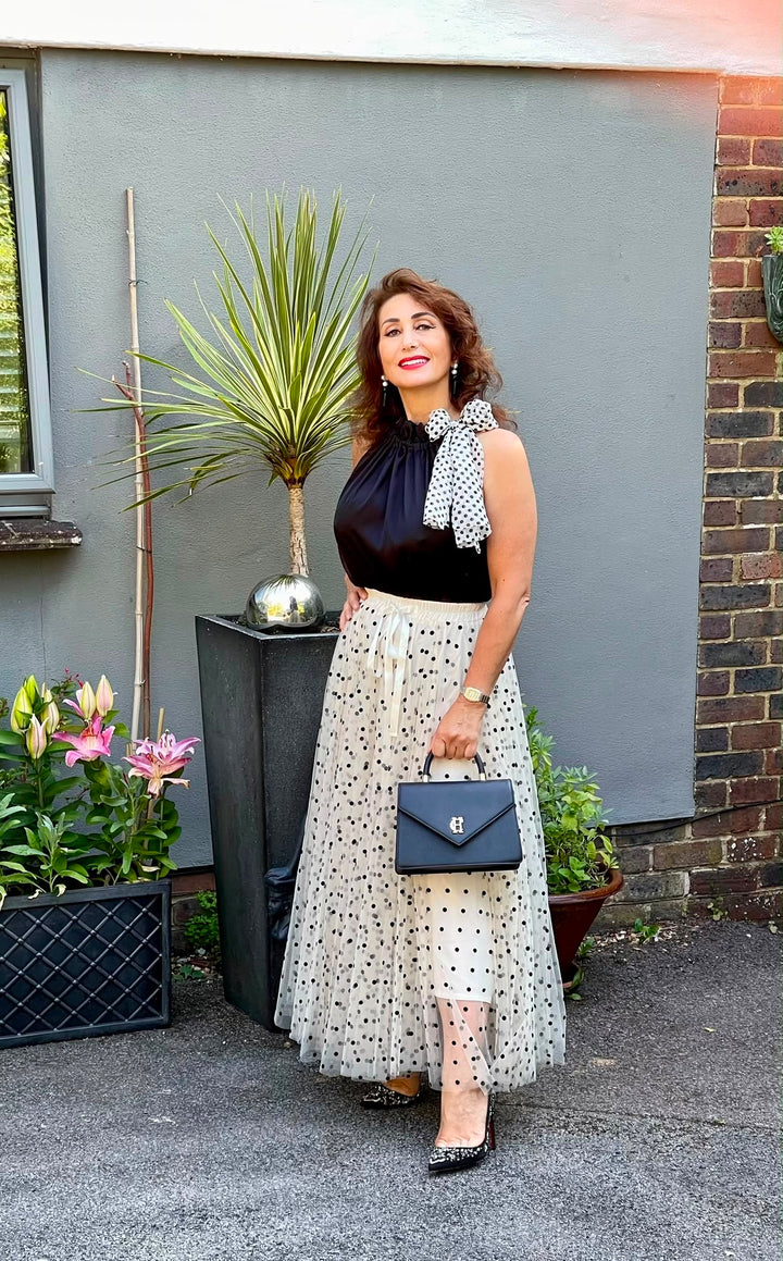 Polka Dot Tulle Skirt - Ecru/Black velvet dots
