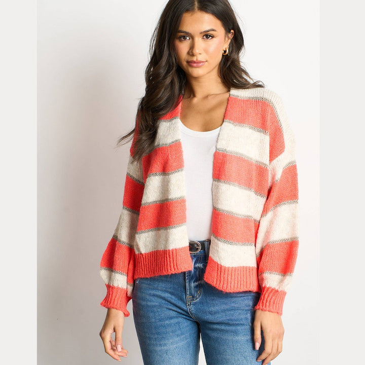 Gwyneth  Striped Italian Wool Blend Cardigan in Coral/ecru mix