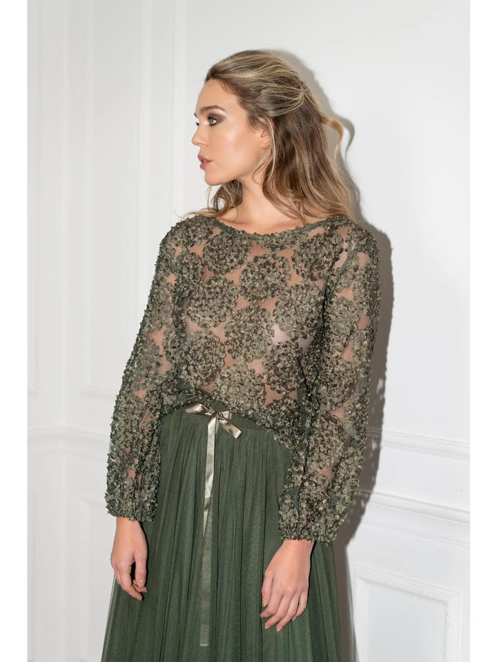 Textured rosette blouse | Olive Green