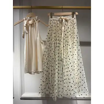 Polka Dot Tulle Skirt - Ecru/Black velvet dots