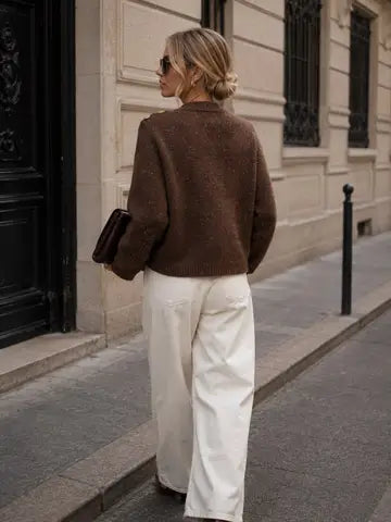 Knitted Cardigan with A Shimmering Effect and Gold Buttons – Chic Officer-Inspired Cut - Brown