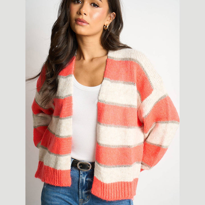 Gwyneth  Striped Italian Wool Blend Cardigan in Coral/ecru mix