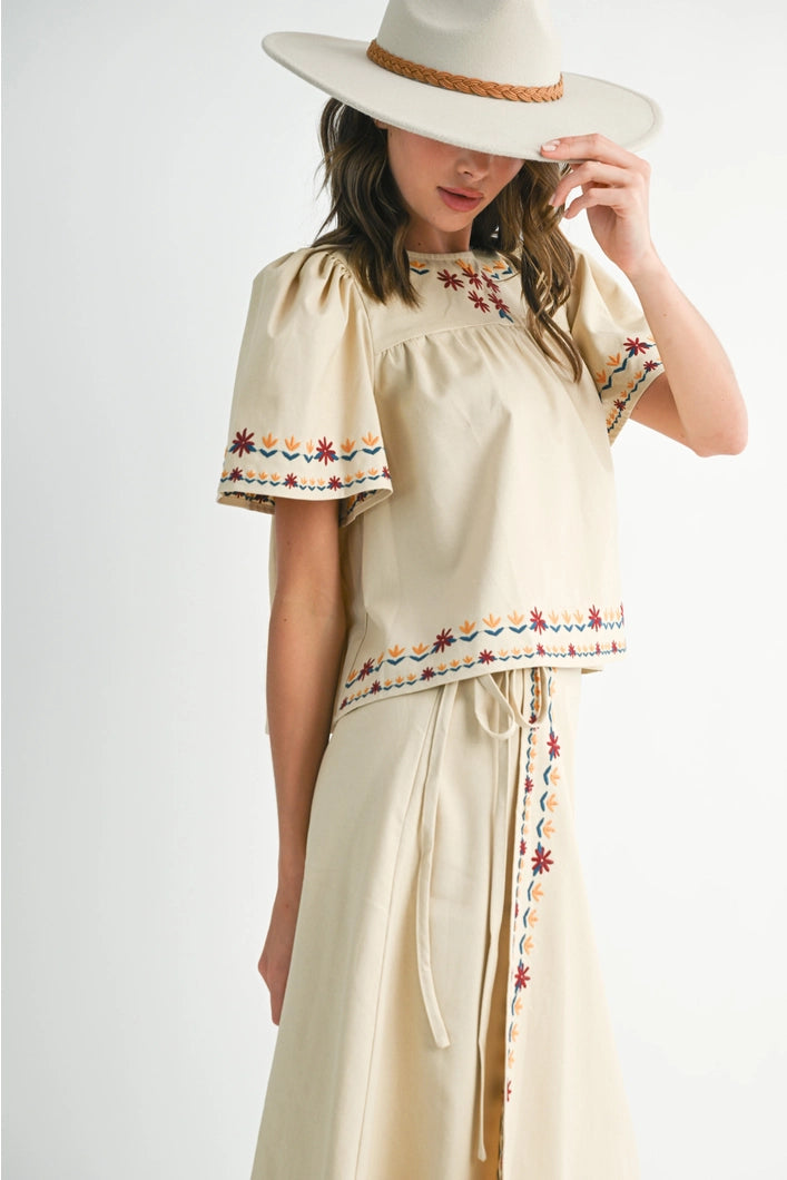 Vivienne  Embroidered Hem Wrap Maxi Skirt - Ecru