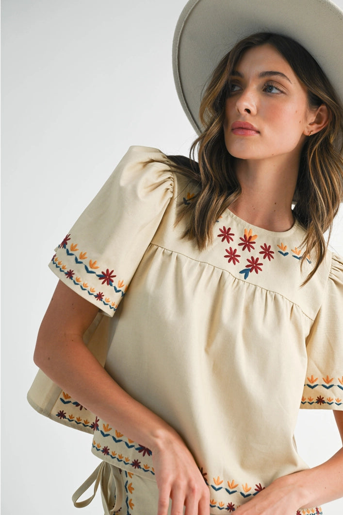 Vivienne  Embroidered Floral Peasant Style Blouse - Ecru