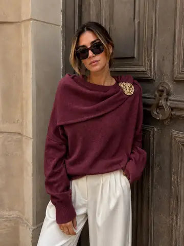 Soft Knit Sweater with Integrated Scarf and Jewelled Brooch – Plum