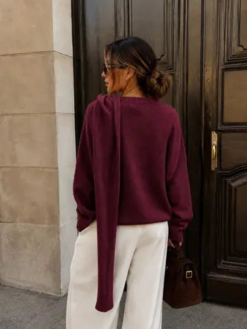 Soft Knit Sweater with Integrated Scarf and Jewelled Brooch – Plum