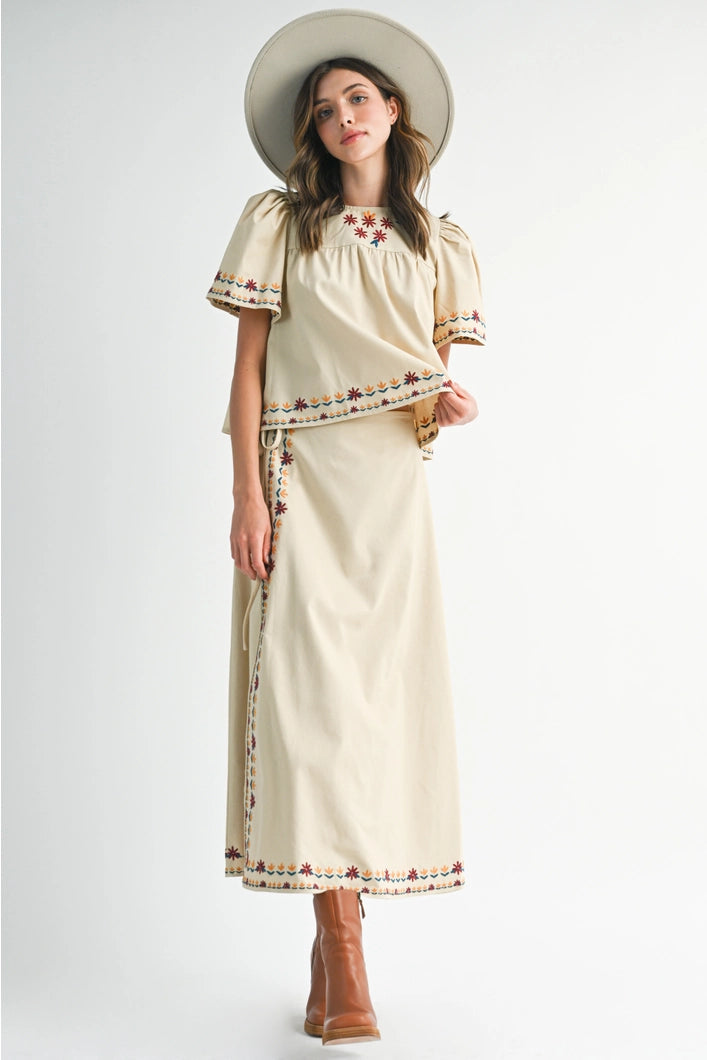 Vivienne  Embroidered Floral Peasant Style Blouse - Ecru