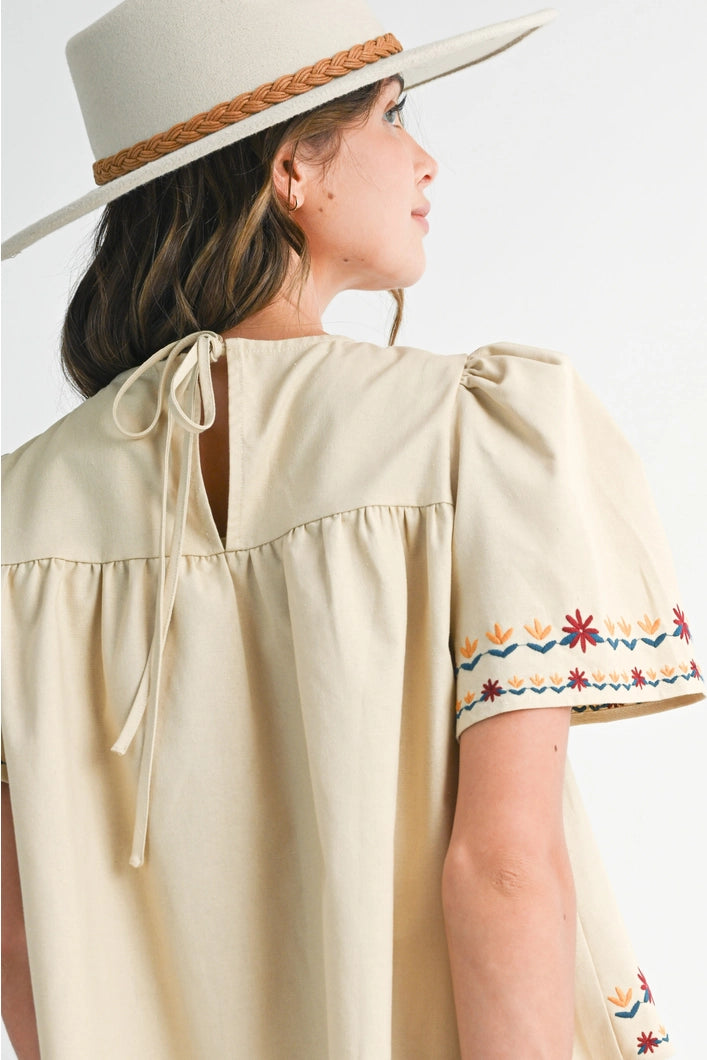 Vivienne  Embroidered Floral Peasant Style Blouse - Ecru