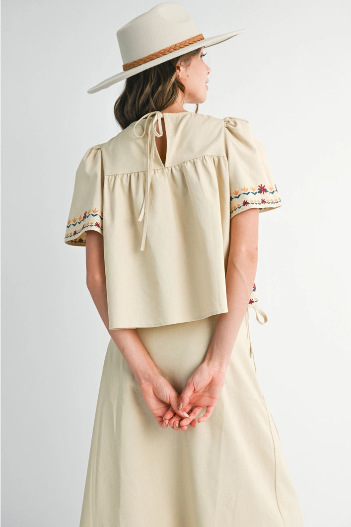 Vivienne  Embroidered Floral Peasant Style Blouse - Ecru