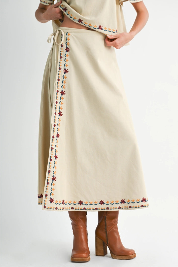 Vivienne  Embroidered Hem Wrap Maxi Skirt - Ecru