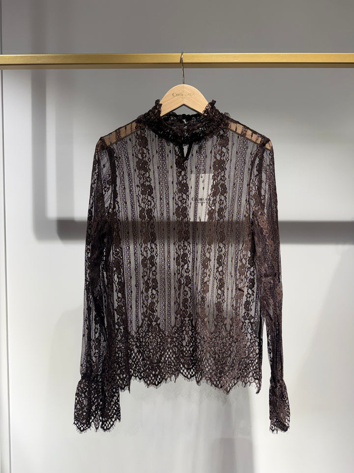 Celeste Lace Blouse with Ruffle Neck & Scalloped Hem - Plum | Chocolate