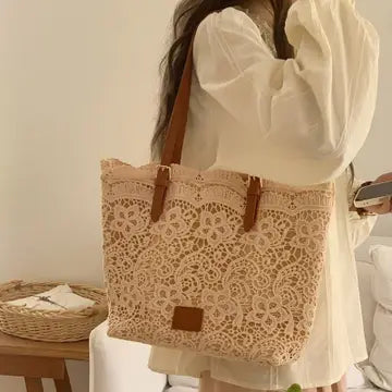 Crochet Lace Shoulder Summer Bag - Beige