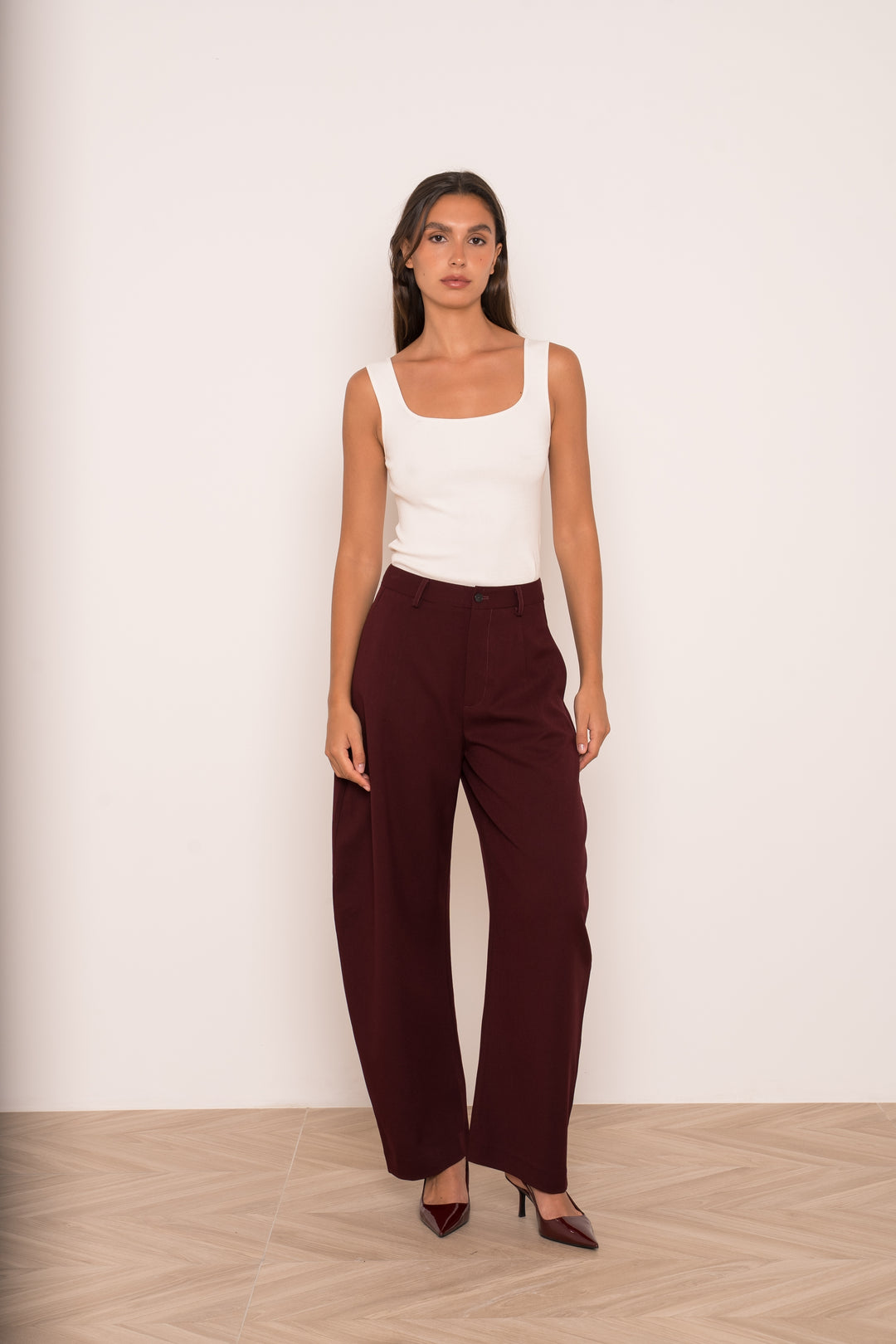 The Carmen Tailored Barrel Leg Trousers in Navy Blue - Plum