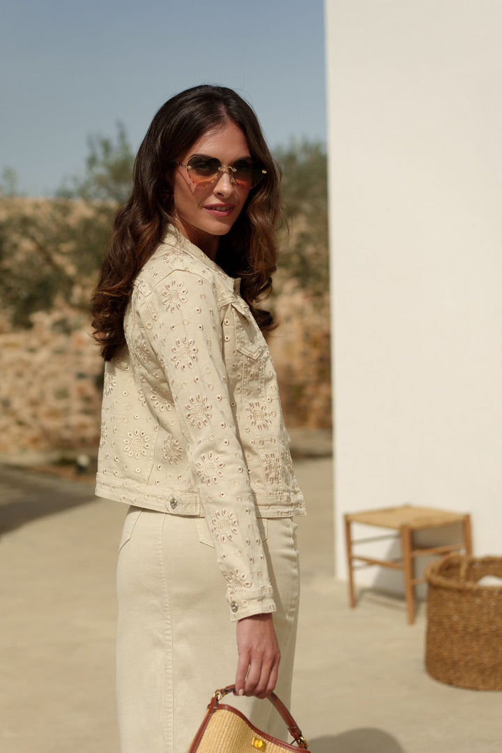 Charlotte Denim embroidered Jacket | Beige