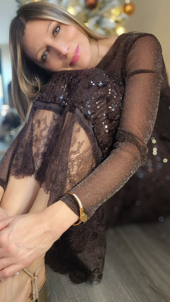 Edith Sequin Lace Dress - Elevate Your Elegance in Chocolate Brown