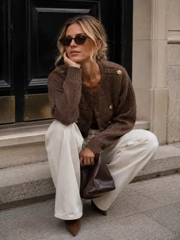 Knitted Cardigan with A Shimmering Effect and Gold Buttons – Chic Officer-Inspired Cut - Brown