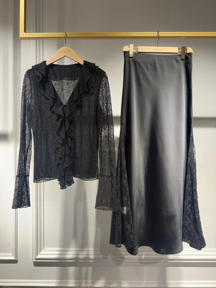 Margaux Lace Satin Midi Skirt - Black