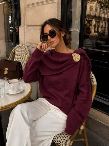 Soft Knit Sweater with Integrated Scarf and Jewelled Brooch – Plum