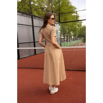 Eva Taffeta Dress with Short Sleeves - Sand Beige