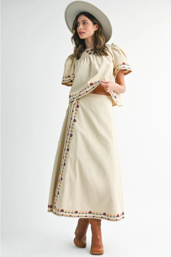 Vivienne  Embroidered Hem Wrap Maxi Skirt - Ecru