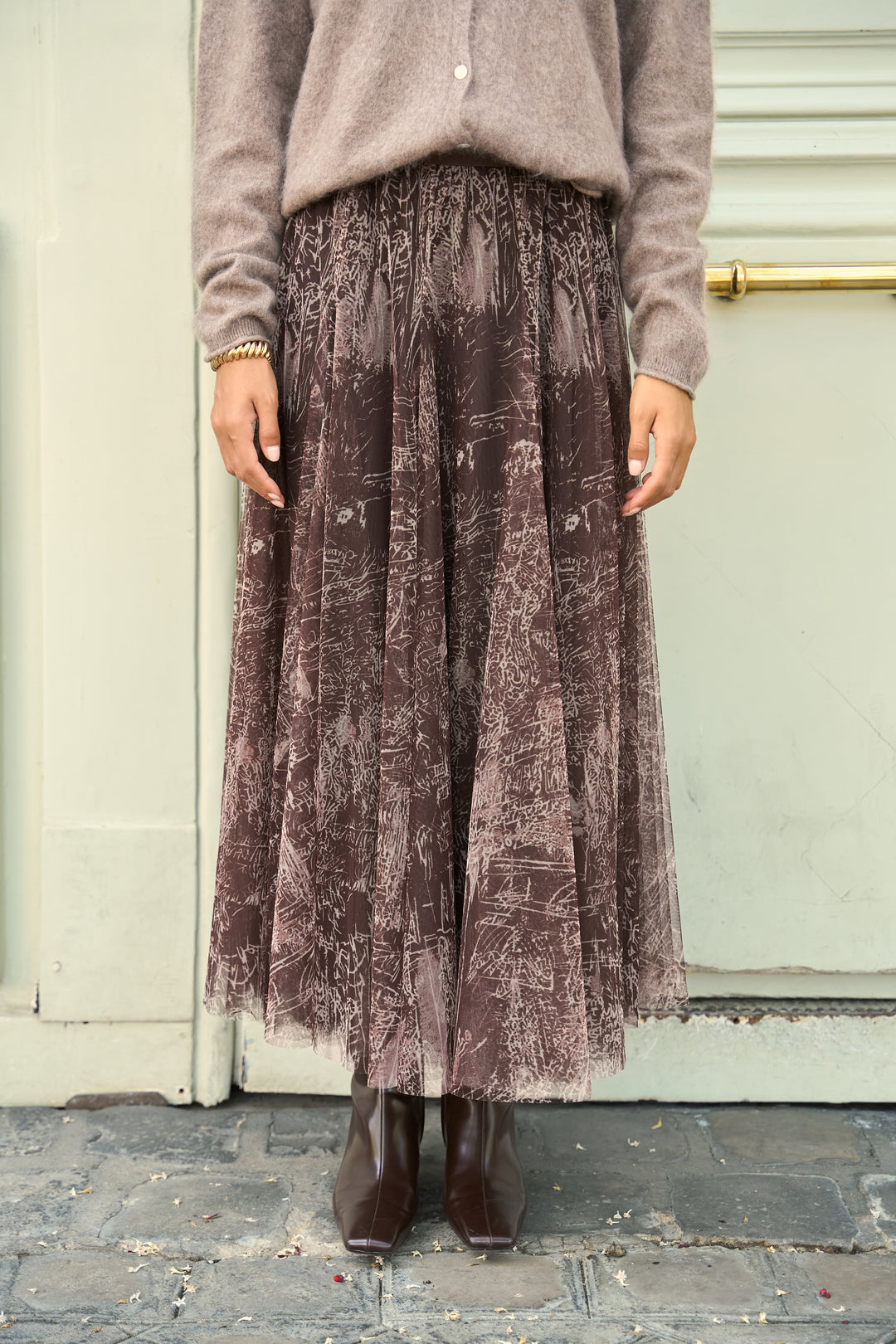 Marble Skinny Fit Tulle Skirt - Dark Brown