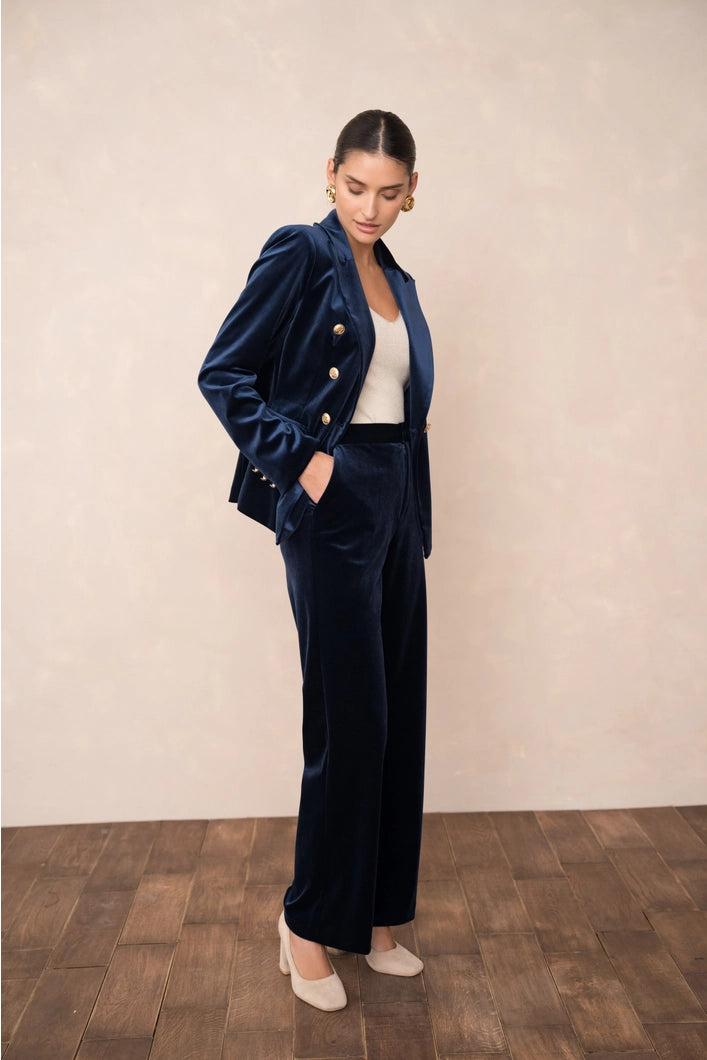 Isadora Velvet Trousers - straight leg - Navy Blue