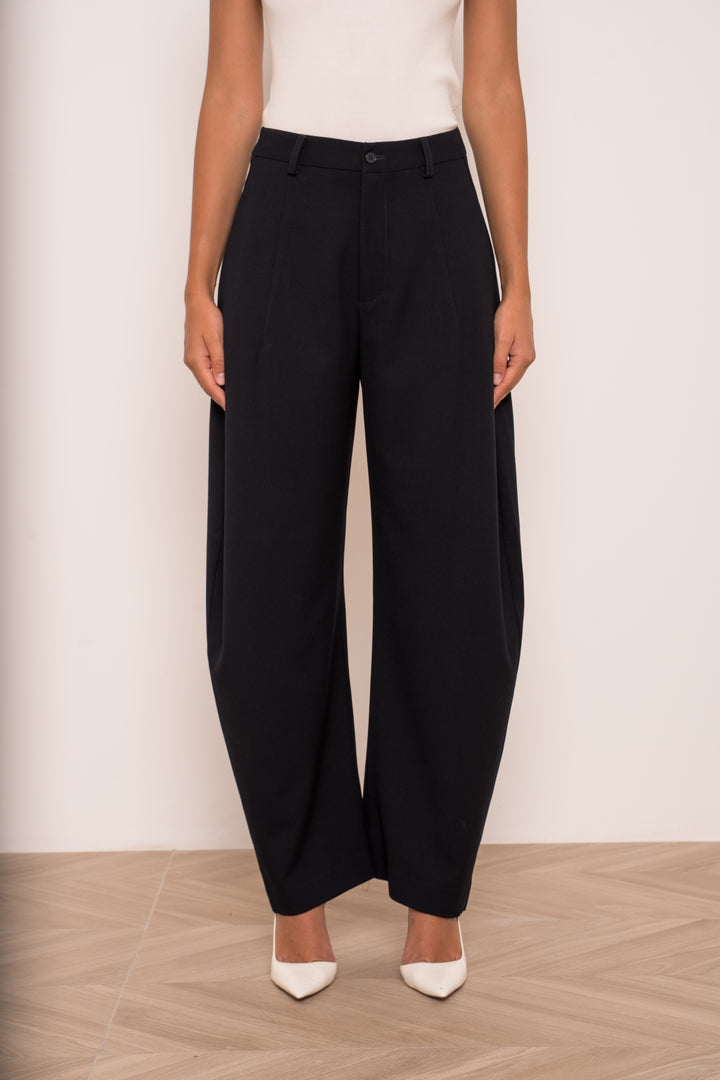 The Carmen Tailored Barrel Leg Trousers in Navy Blue - Plum