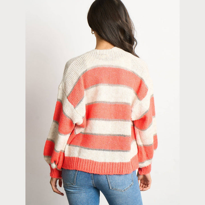 Gwyneth  Striped Italian Wool Blend Cardigan in Coral/ecru mix