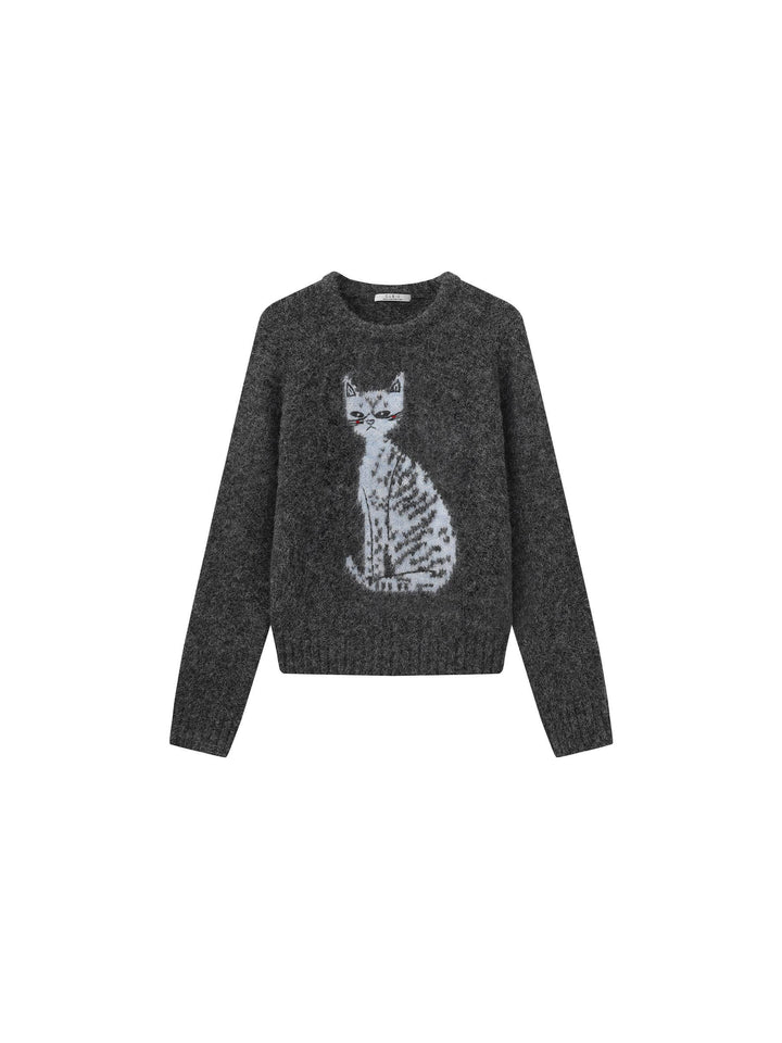 Gray sweater with a cat design on a white background