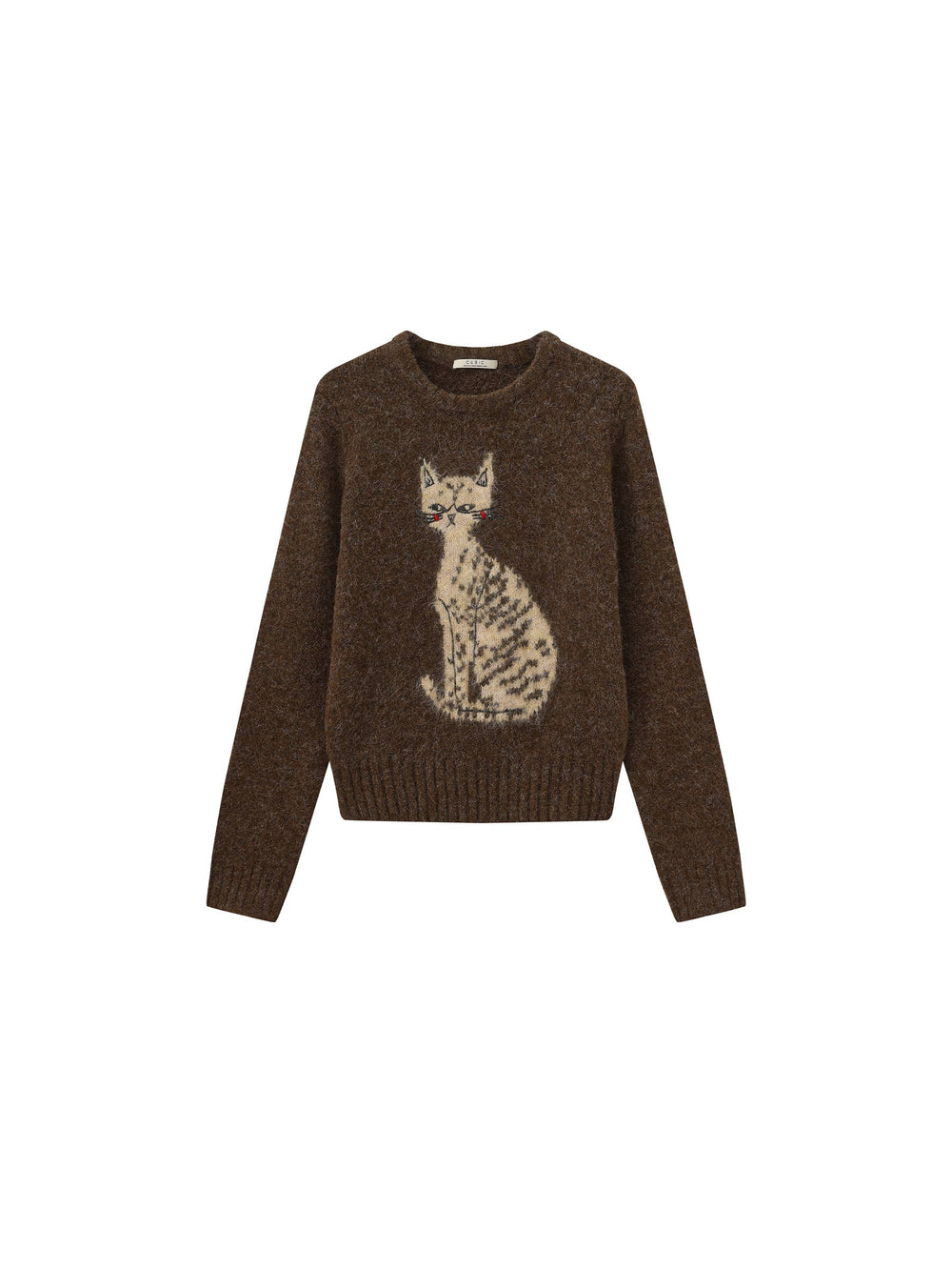 Brown sweater with a cat design on a white background