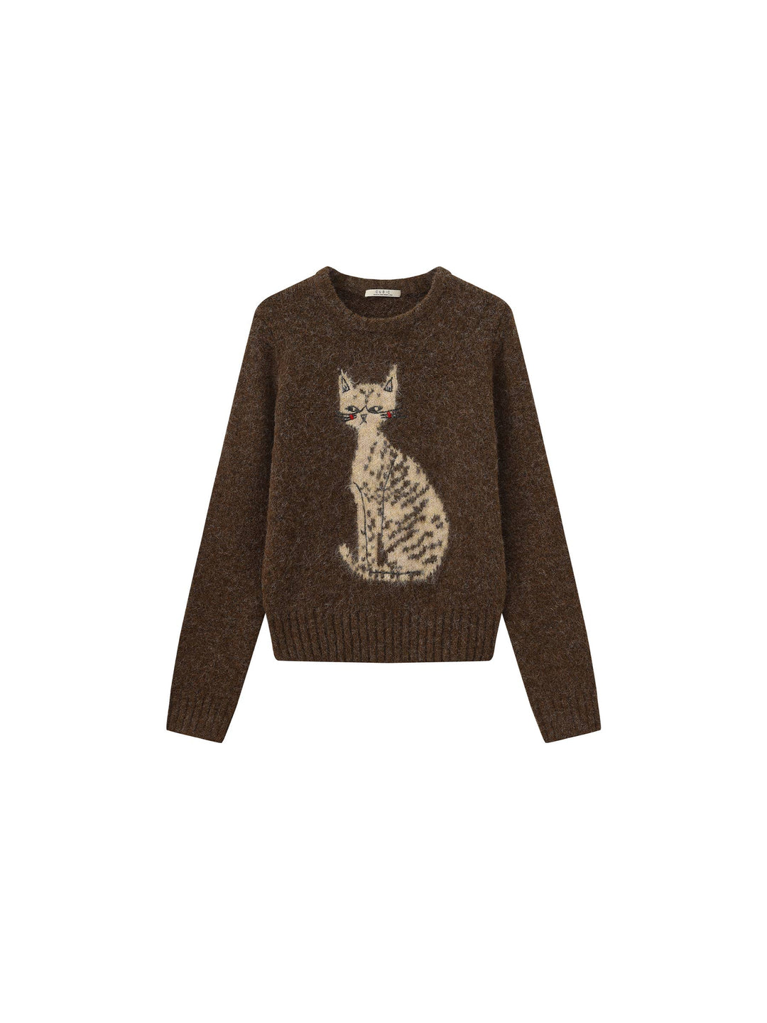Brown sweater with a cat design on a white background
