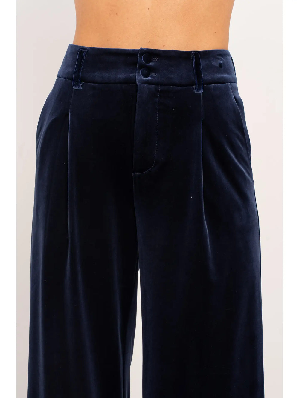 Navy velvet pants on a plain background